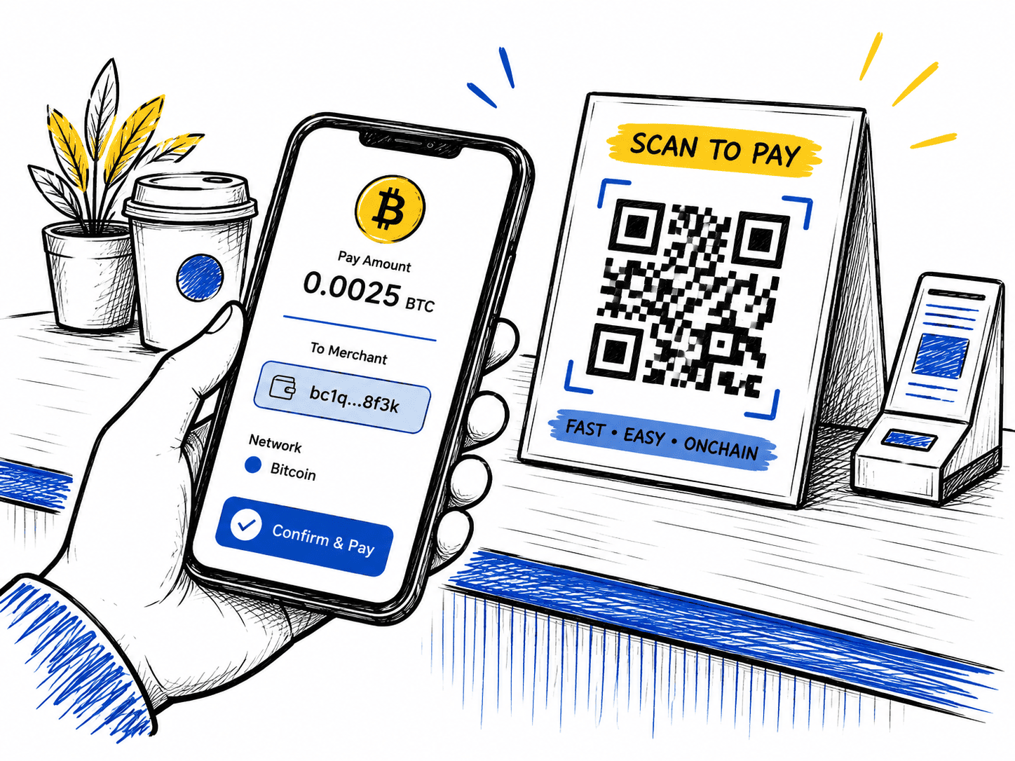 Customer confirming a Bitcoin payment after scanning a QR code at checkout